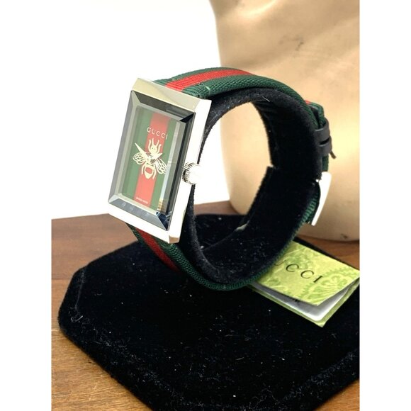 Gucci Women's Watch YA147408 G-Frame Green Red Dial Swiss Quartz Tank Nylon Band - Picture 2 of 15